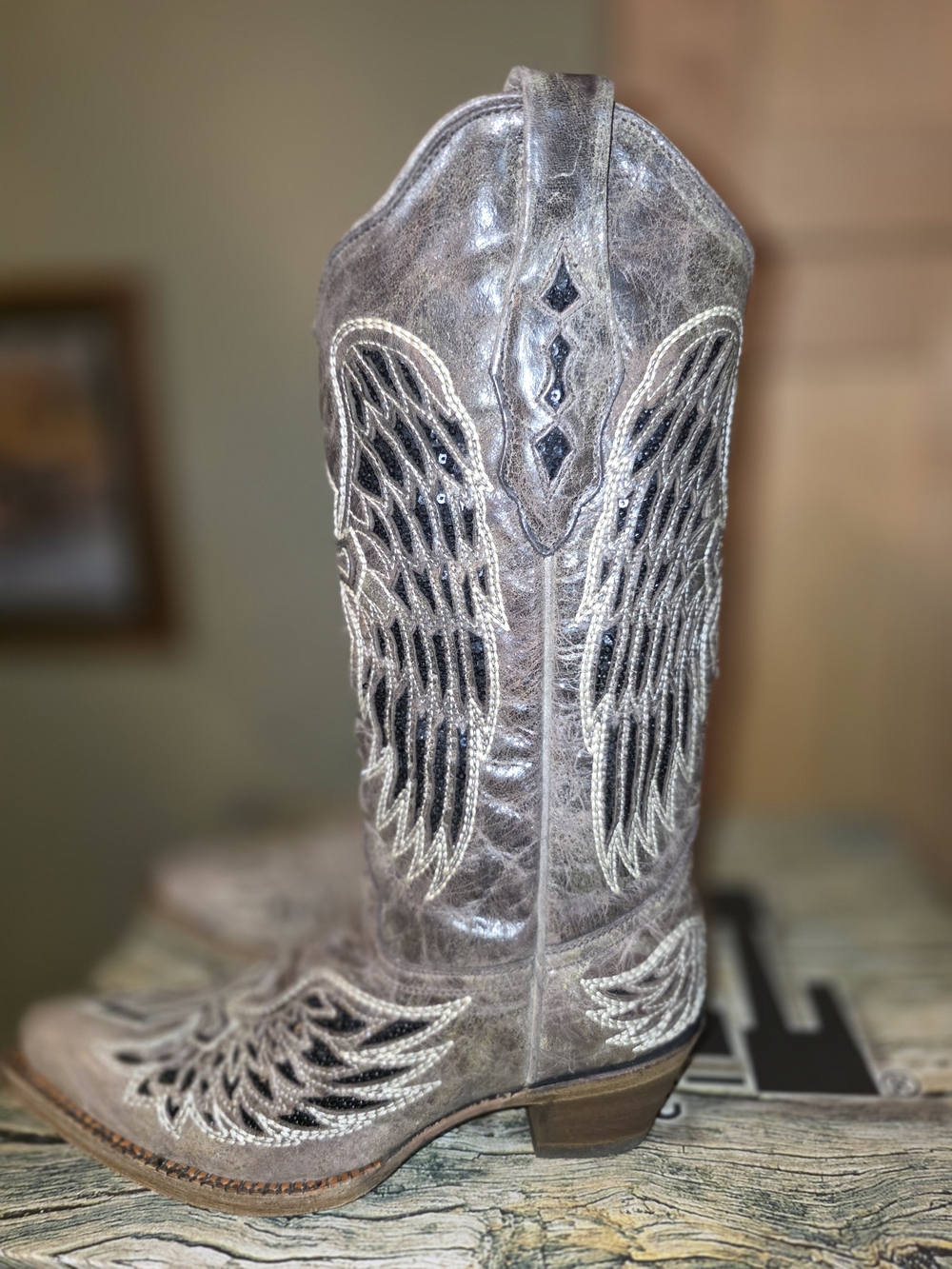 Corral A1241 Taupe & Black Wing-Embroidered Western Boot - Snip Toe